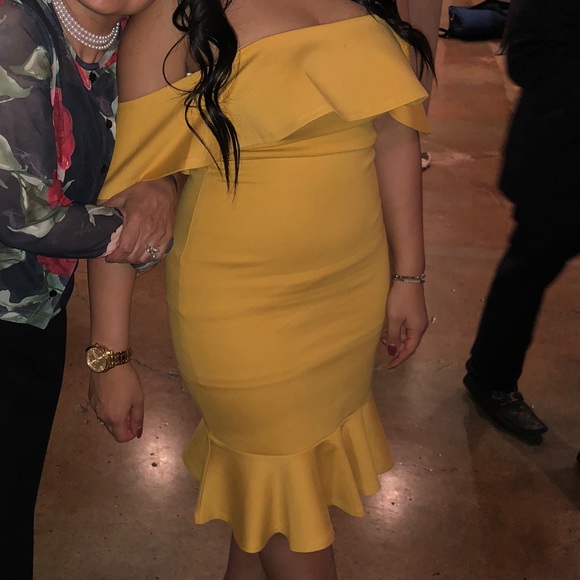 Lulu’s Mustard Off Shoulder Dress - Picture 3 of 4